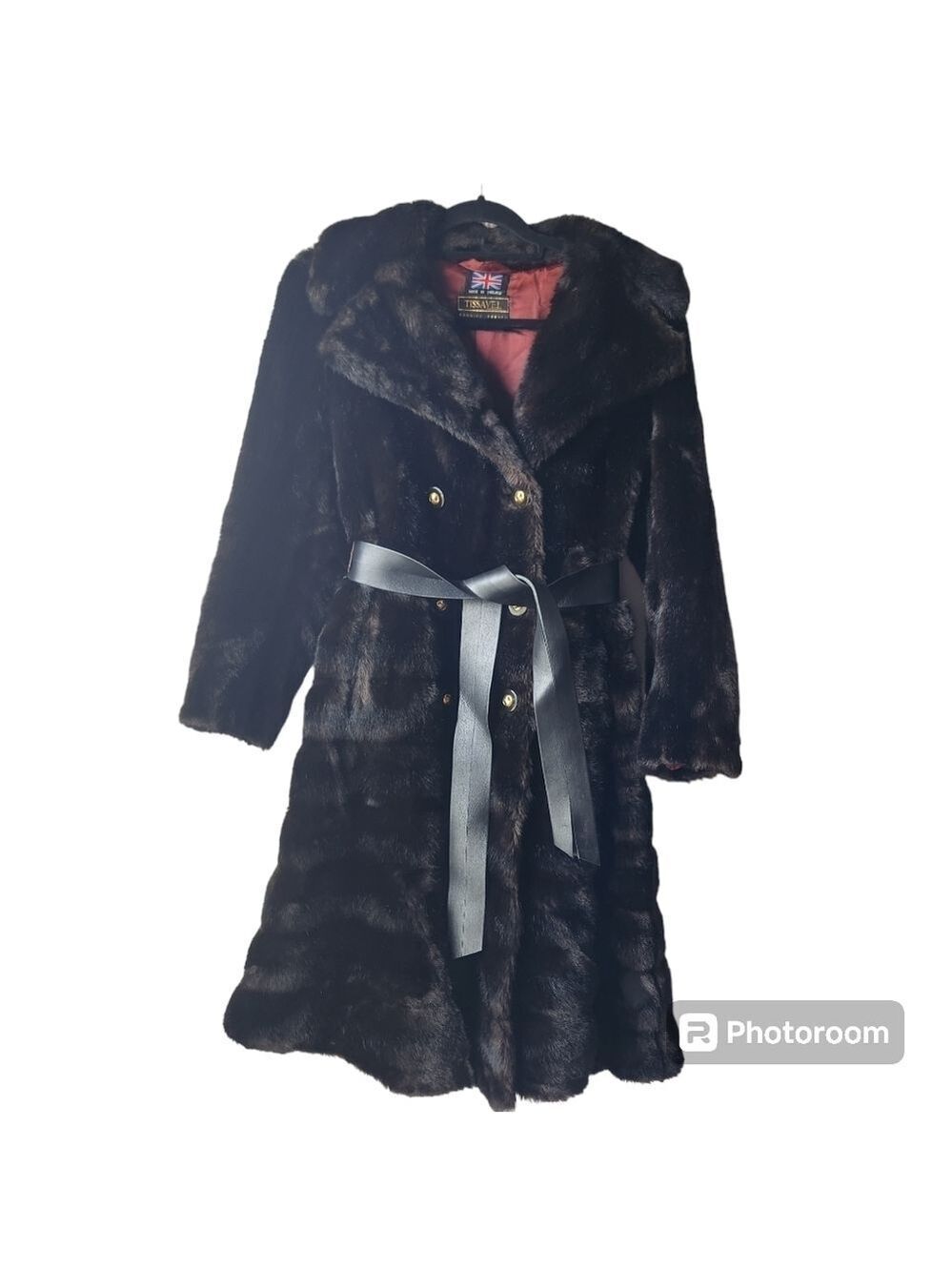 Tissavel France Faux Fur Coat Double Breasted Belted Dark Brown Vintage unsize